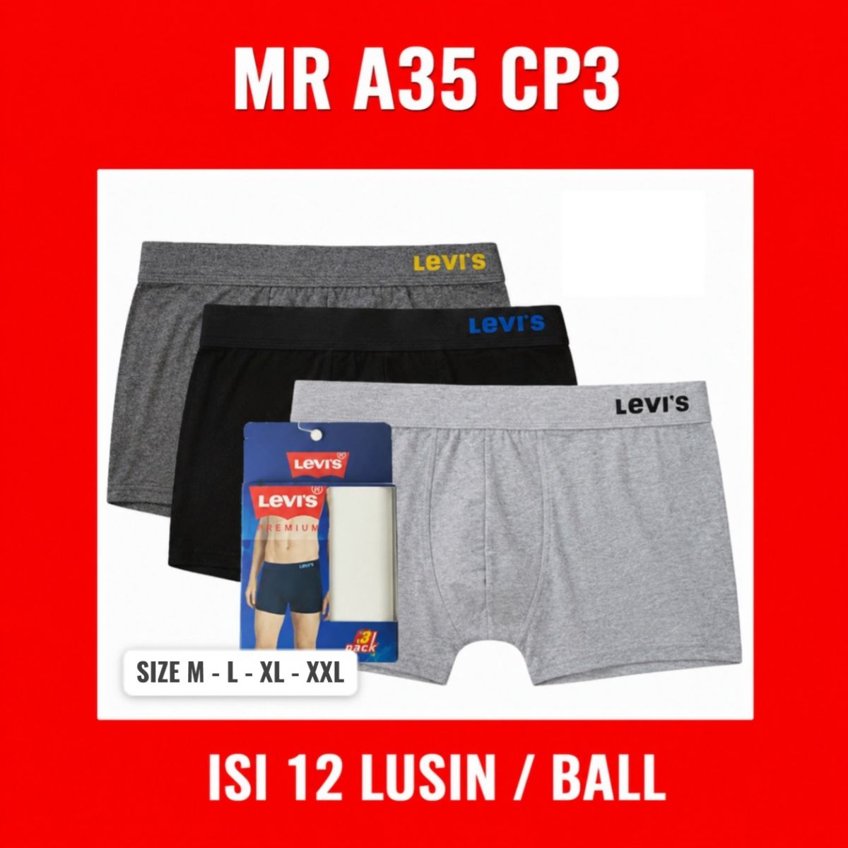 BOXER LEVIS MR A35 CP3 SIZE M-L-XL-XXL ISI 12 LUSIN