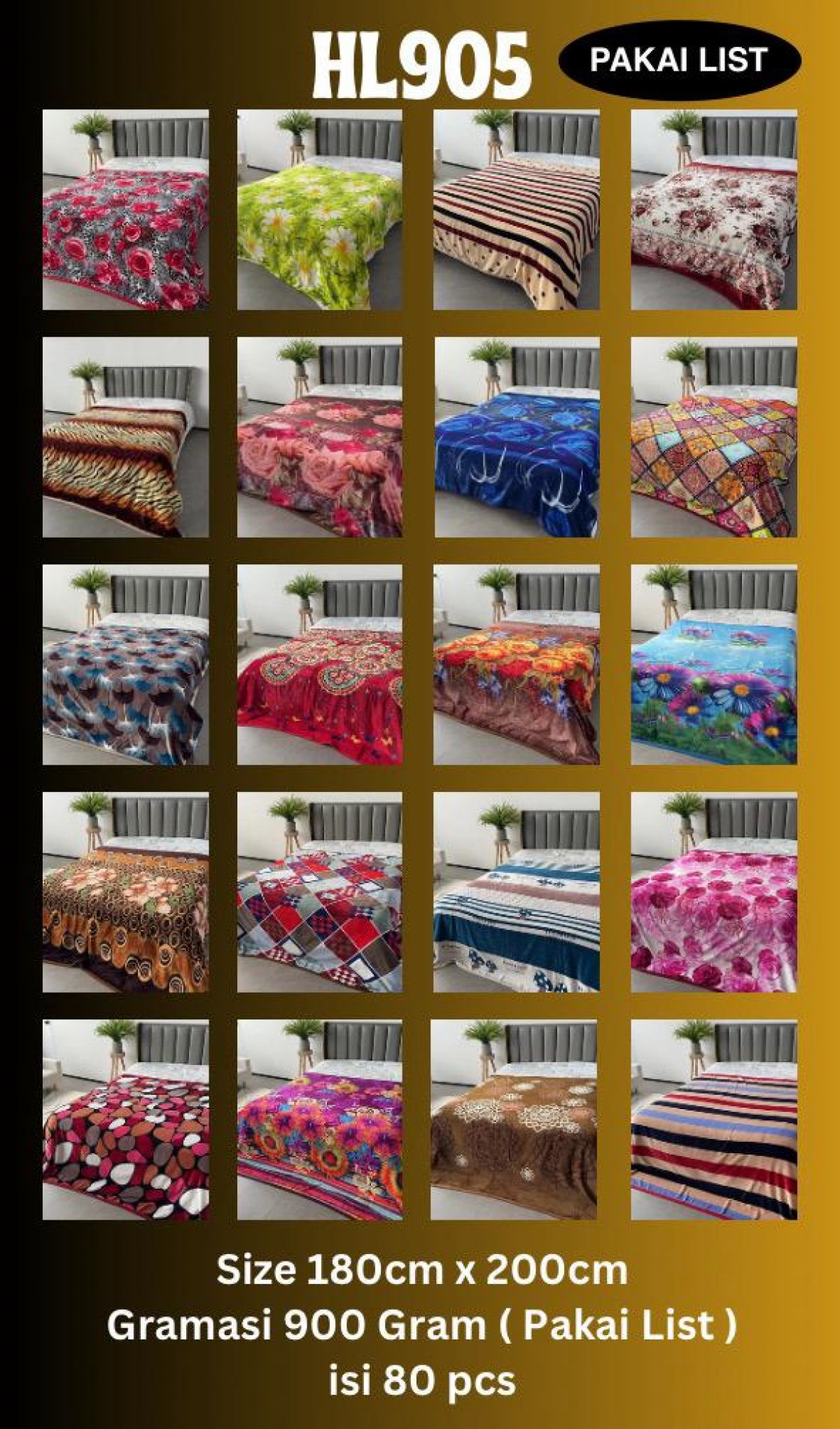 SELIMUT DEWASA (LIST) HL905 SIZE 180CM*200CM 900GR ISI 80 PCS