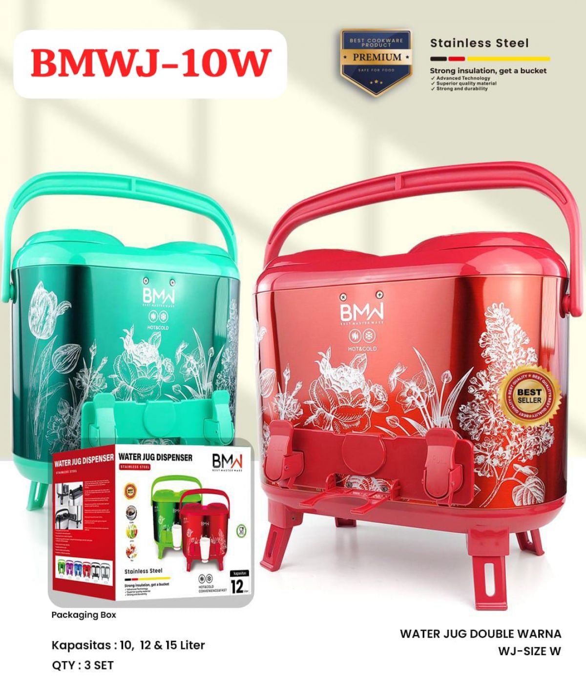 DOUBLE DISPENSER WATER JUG WARNA BMWJ-10W SIZE 10 LITER ISI 3 SET