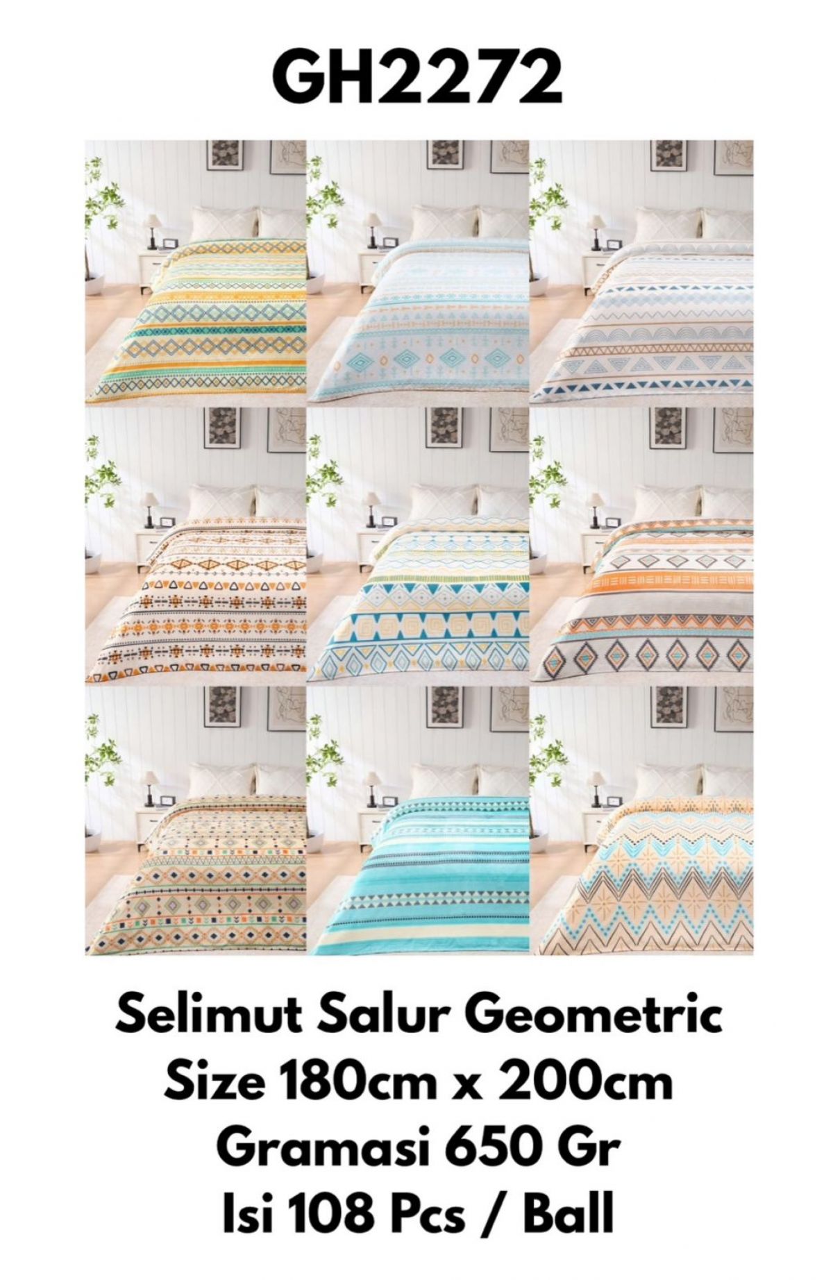 SELIMUT SALUR GEOMETRIC GH2272 SIZE 180CM * 200CM GRAMASI 650 GR ISI 108 PCS