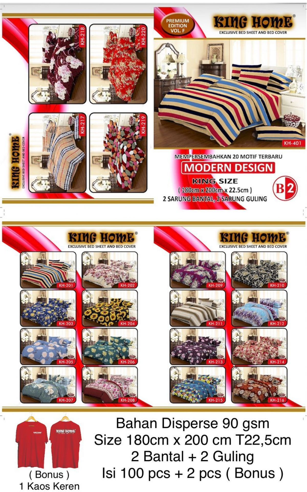 SPREI KING HOME KHF5-2 MOTIF B2 SIZE 180CM * 200CM T22.5CM  ISI 100 PCS (BONUS 2 PCS)