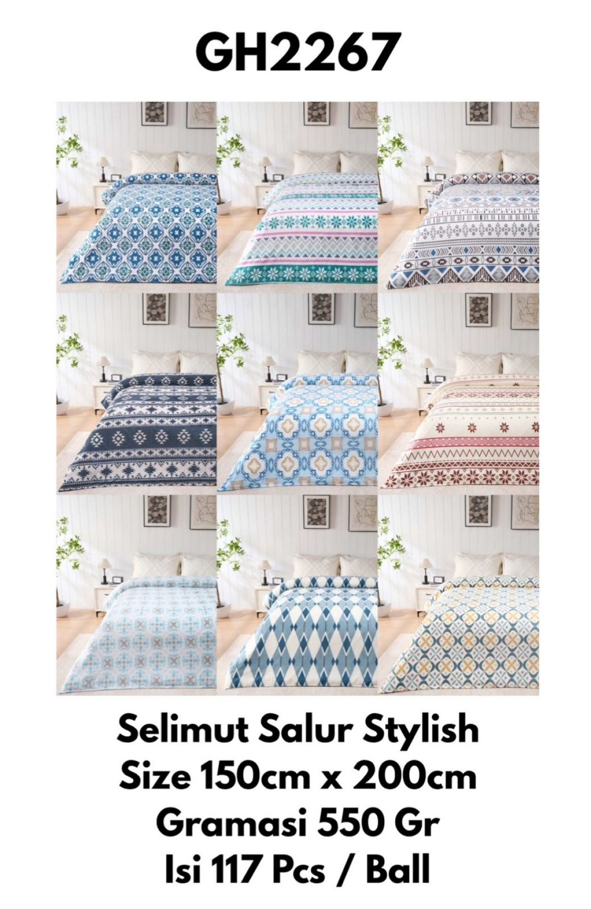 SELIMUT SALUR STYLISH GH2267 SIZE 150CM * 200CM GRAMASI 550 GR ISI 117 PCS