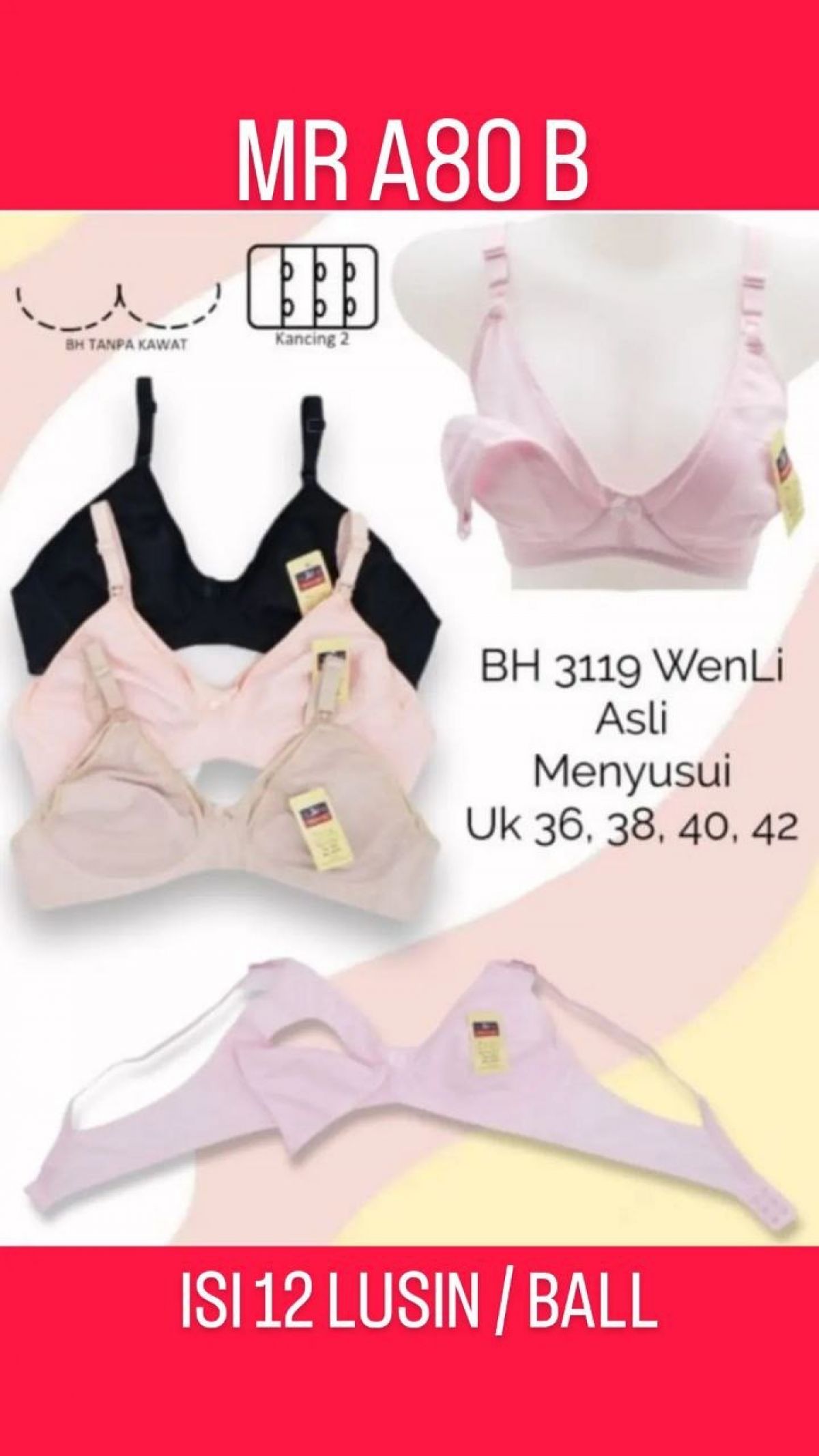 BH MENYUSUI MR A80 B SIZE 36 - 42 ISI 12 LUSIN
