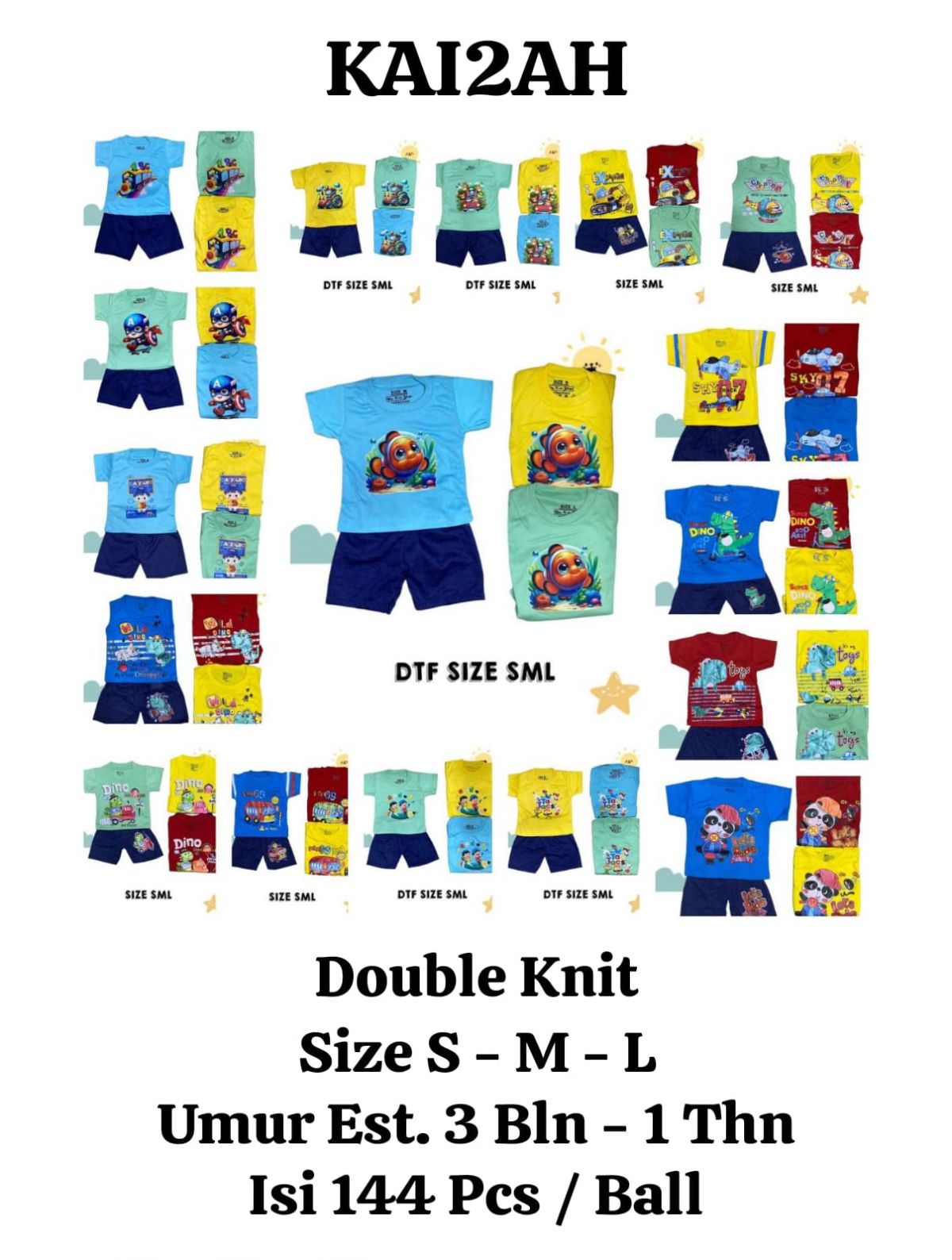 BAJU ANAK KAI2AH BAHAN DOUBLE KNIT SIZE S-M-L ( 3 BLN - 1 THN ) ISI 144 PCS