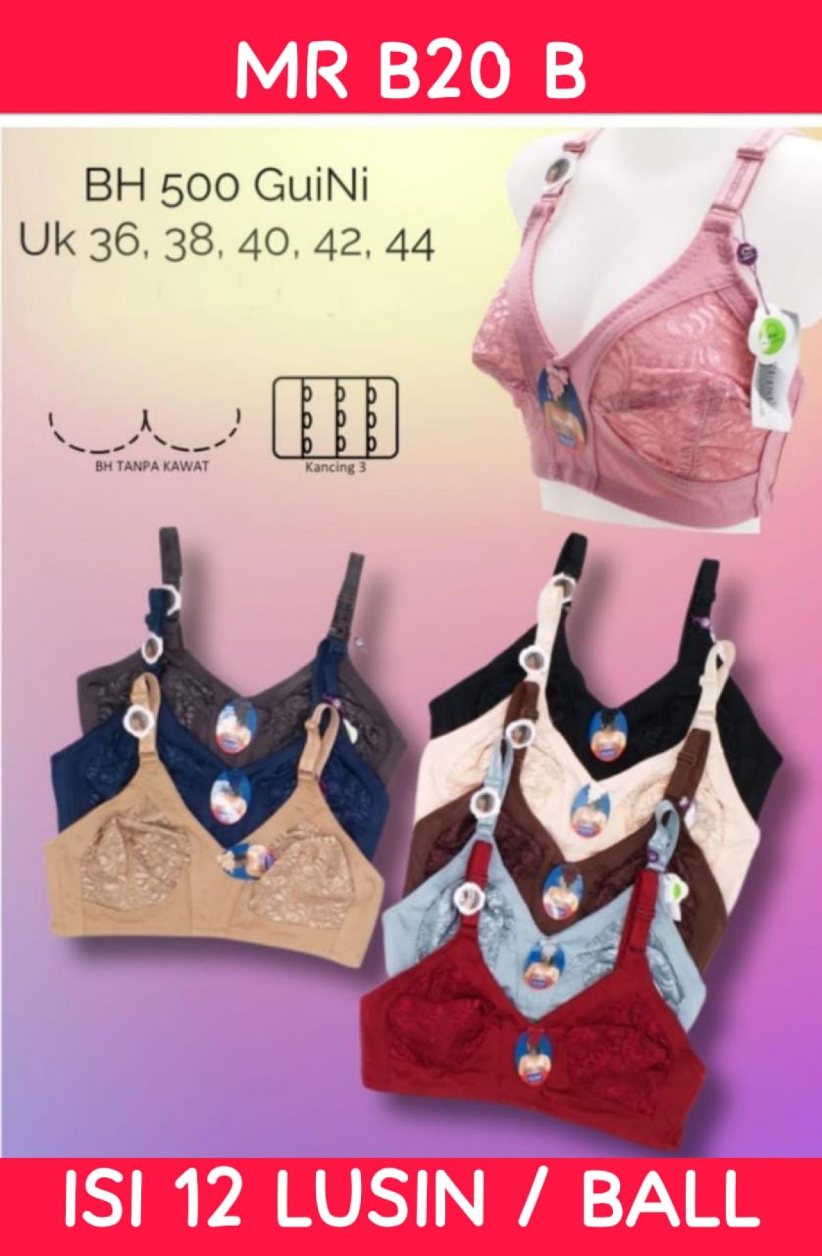 BH TANPA KAWAT KANCING 3 MR B20 B SIZE 36 - 44 ISI 12 LUSIN